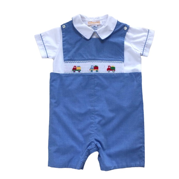 Anavini Blue Smocked Shortall JonJon & Shirt Outfit Trucks Boy's 9M (fit is 12 M
